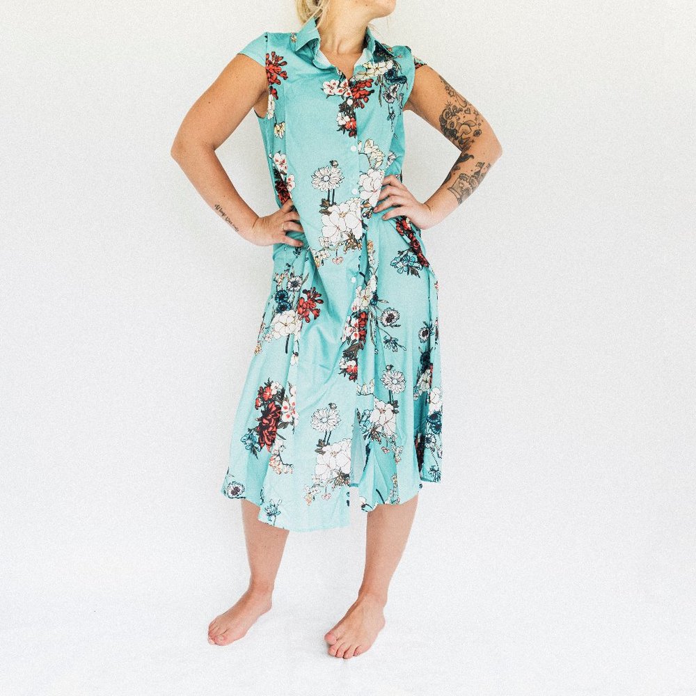 Blue | Floral Midi Button-Up Dress